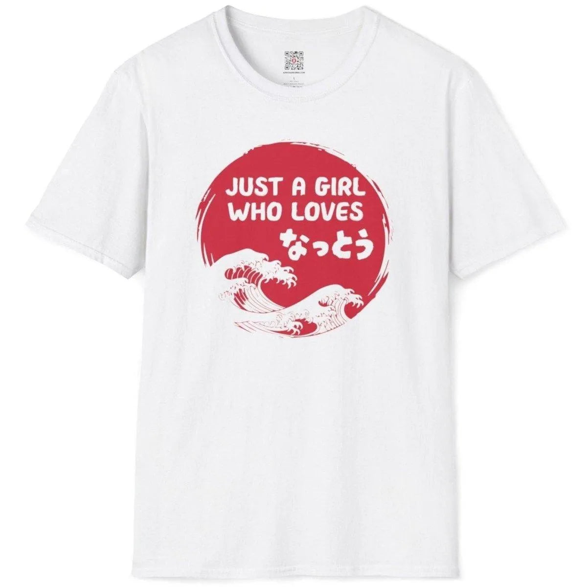 White t shirt flatlay with playful natto text and blue wave circle, japanese t shirts, simple t shirt design.