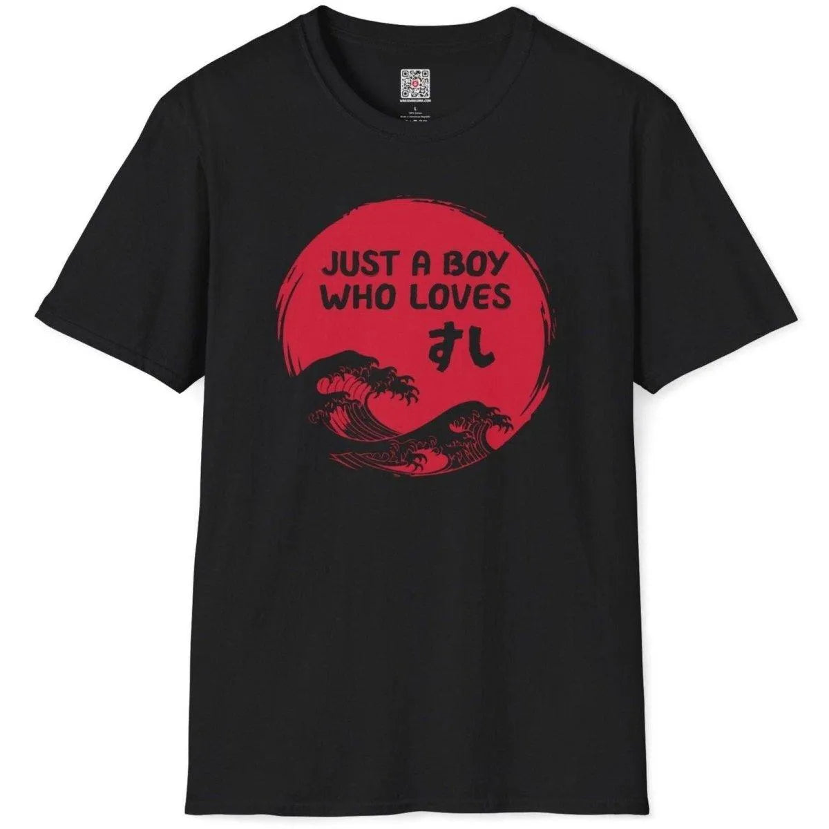 Black flatlay t-shirt with sushi slogan and Japanese wave design, japanese wave hokusai, foodie style.
