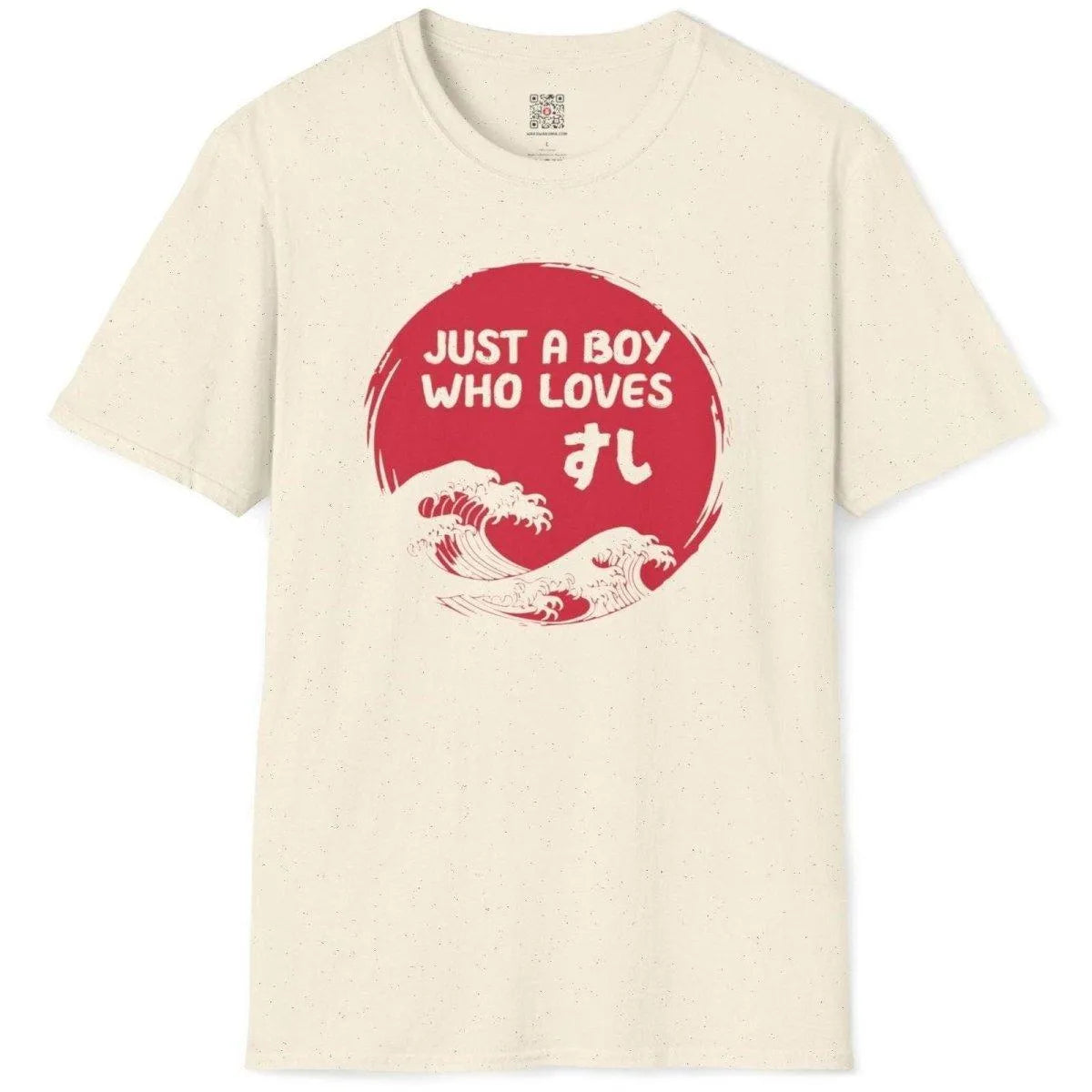 Natural flatlay shirt with sushi kanji and red arch text in Japanese art circle. japanese graphic tees, symbolism japan.