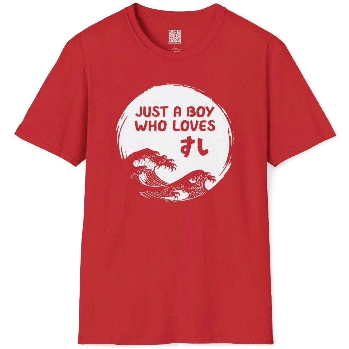 Red t-shirt flatlay with sushi motif, bold text, and Japanese wave graphic. japanese wave hokusai, i love sushi t shirt.