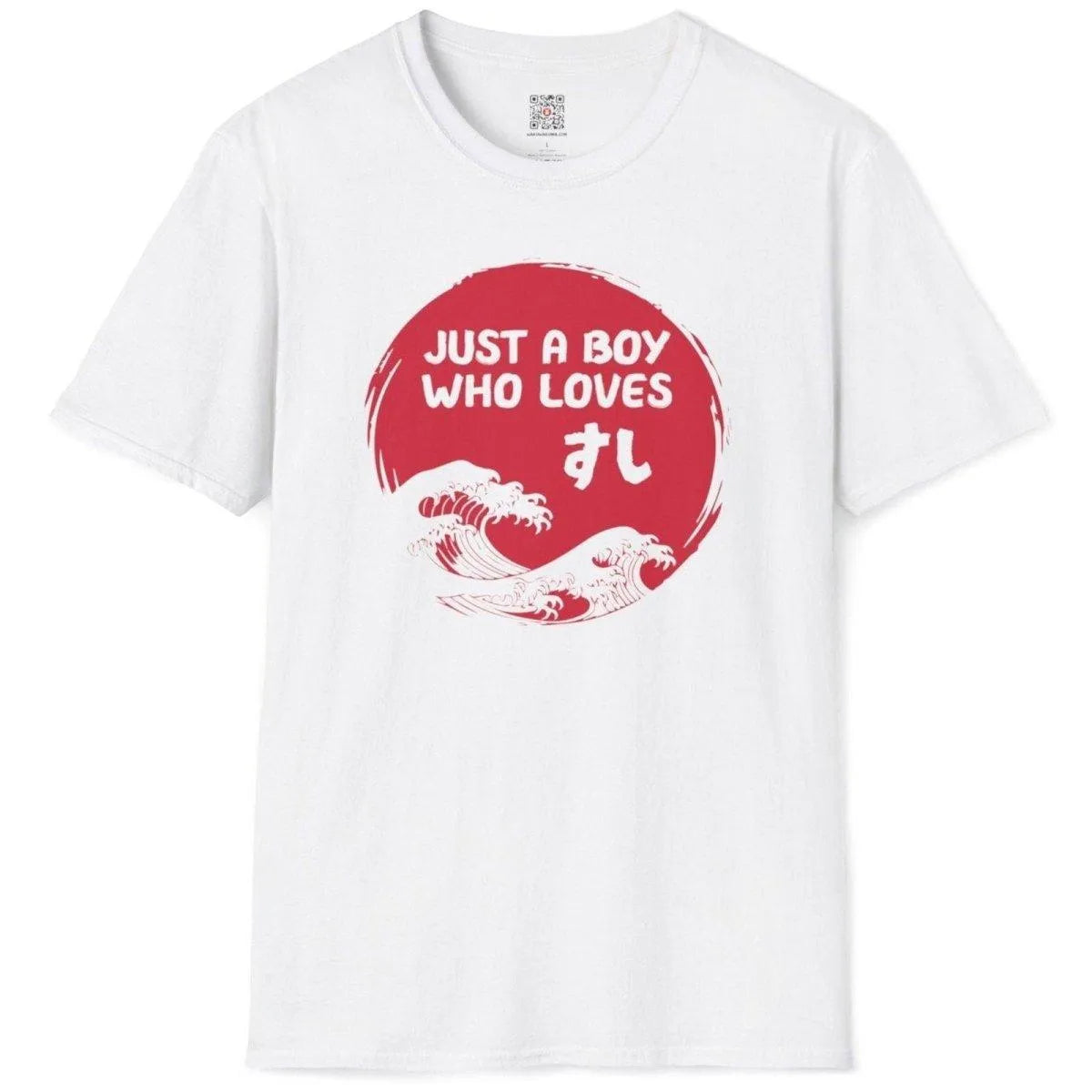 White flatlay t-shirt featuring sushi slogan, blue wave circle, and modern Japanese design, japanese graphic shirts.