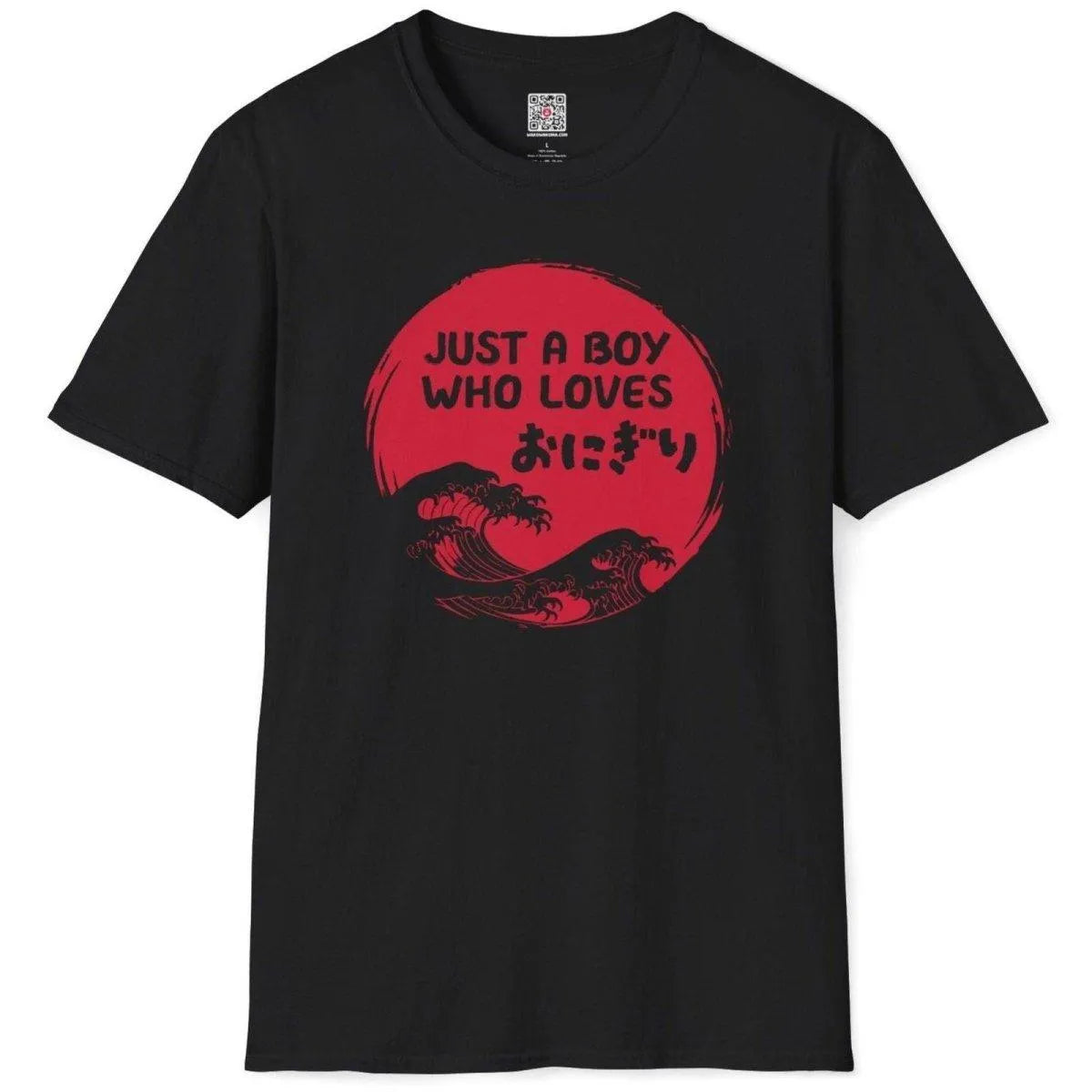Black flatlay t-shirt with onigiri slogan and Japanese wave design, japanese graphic tees, japanese meaning symbols.