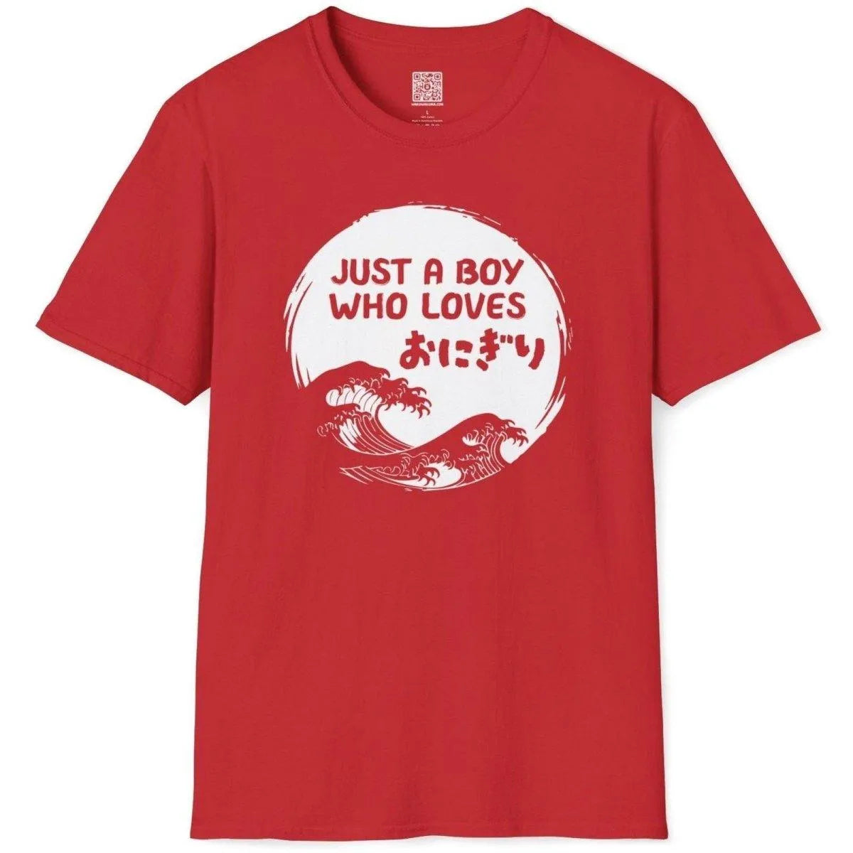 Red t-shirt flatlay with onigiri motif, bold text, and Japanese wave graphic. japanese wave hokusai, japanese good luck.