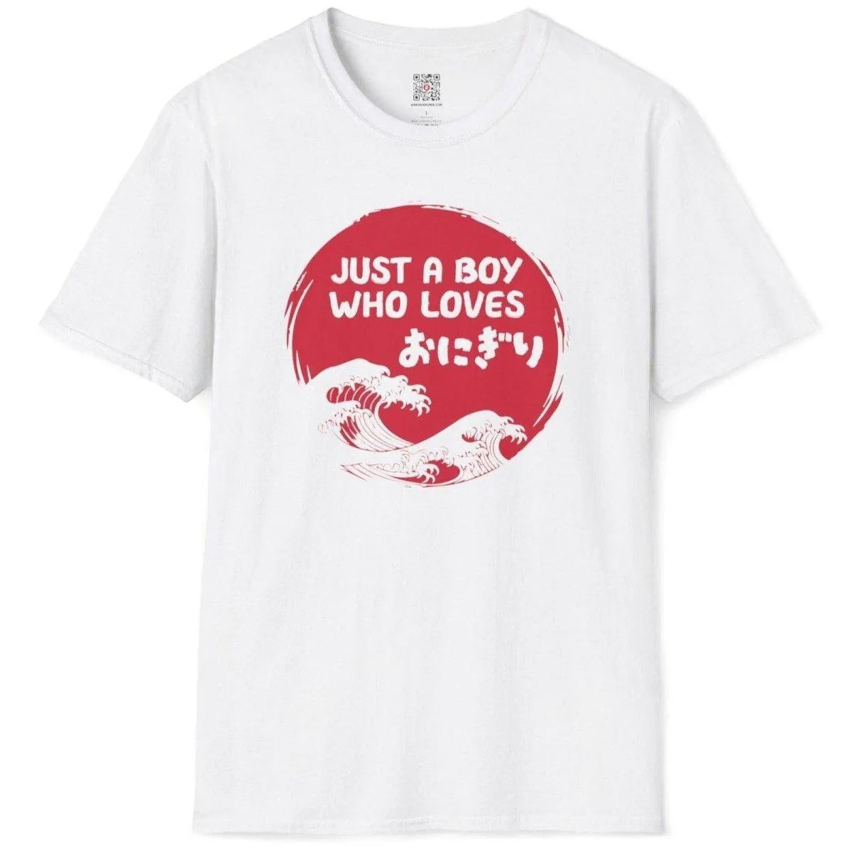 White flatlay t-shirt featuring onigiri slogan, blue wave circle, and modern Japanese design, foodie style.