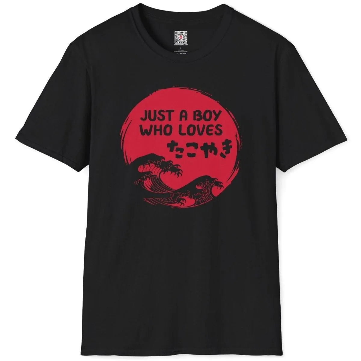 Takoyaki and Japanese wave graphic with bold red text on black flatlay, japanese t shirts.