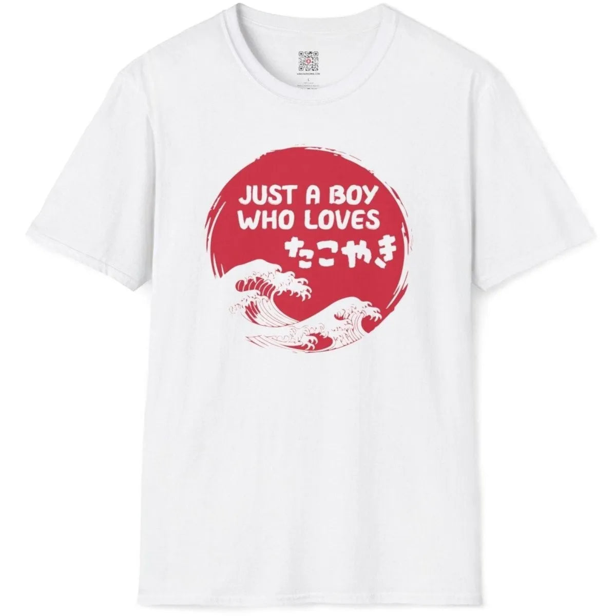 White flatlay t shirt with takoyaki, red lettering, and blue Japanese wave artwork, japanese street food.