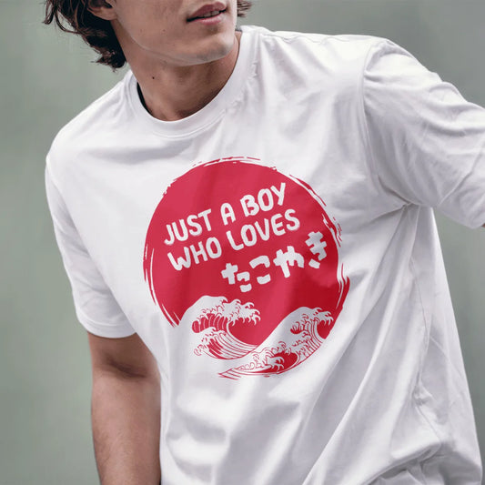 Male model in white t shirt showing takoyaki and Japanese wave artwork, foodie style, lower face visible.