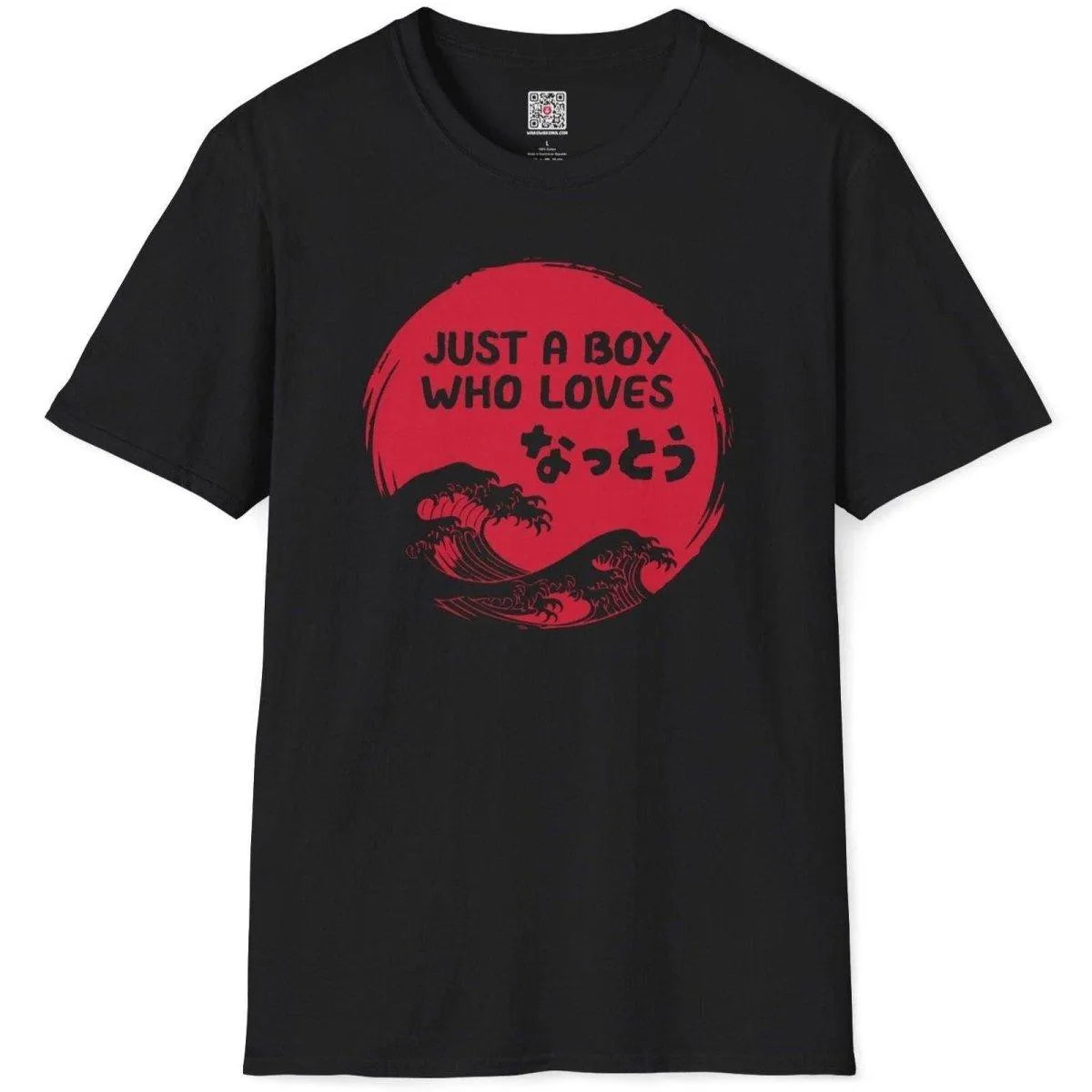 Black flatlay tee with natto, red lettering, and blue wave, japanese wave artwork, japanese good luck.