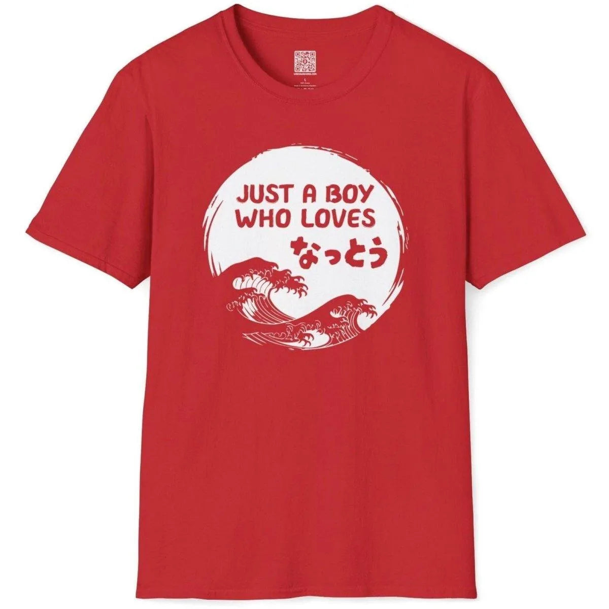 Red flatlay tee featuring natto, blue Japanese wave, and arched red lettering, japanese wood block art.