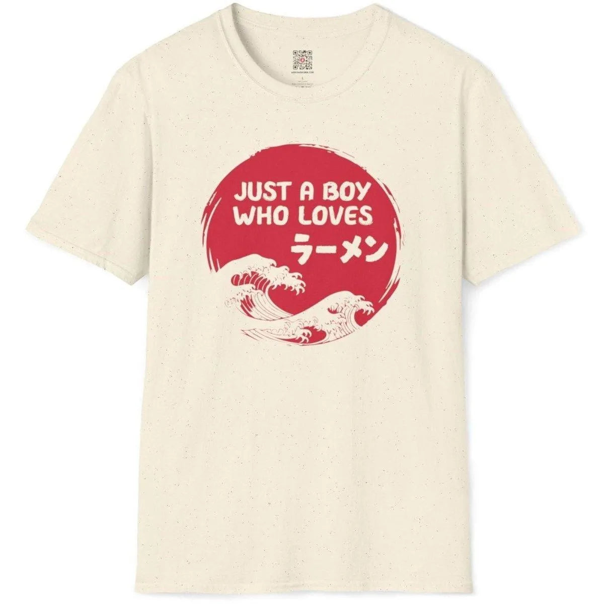 Natural color t shirt with red sun, white ramen text, and stylized waves, ramen t shirt, japanese style shirts.