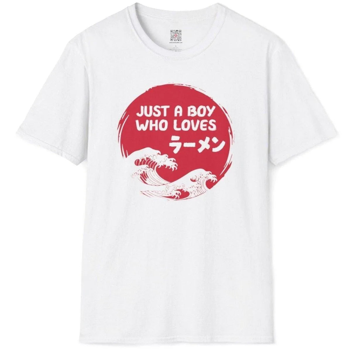 Flat white t shirt featuring red sun, ramen text, and classic Japanese wave art, ramen t shirt, symbolism japan.