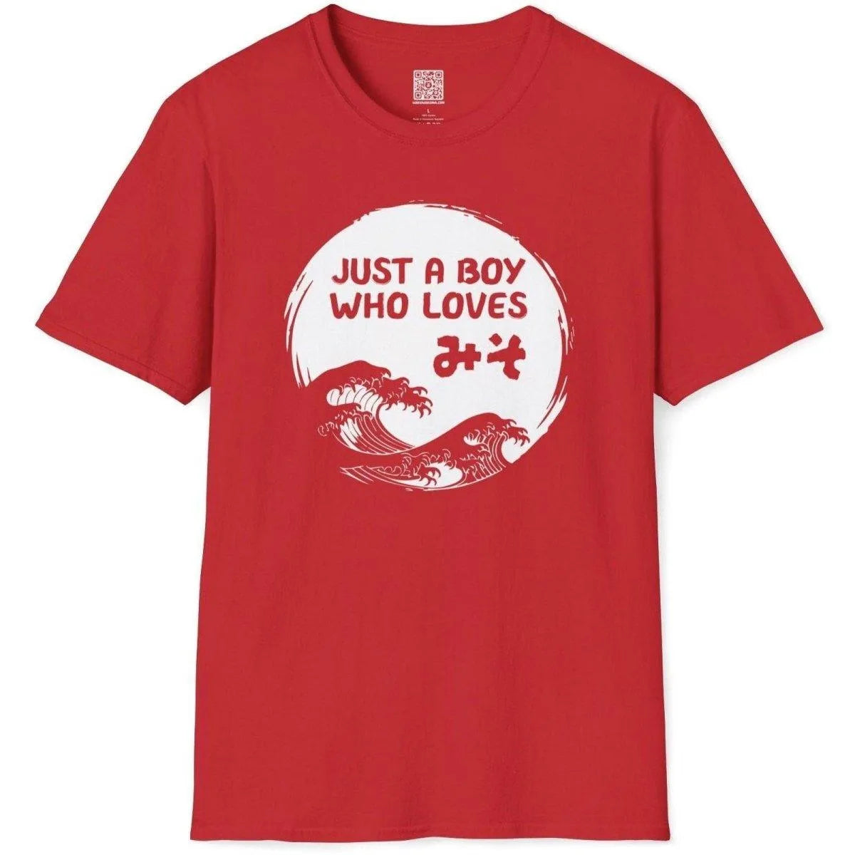 Red t shirt with miso wave, blue Japanese waves, and bold red text, japanese graphic shirts, japanese t-shirts.