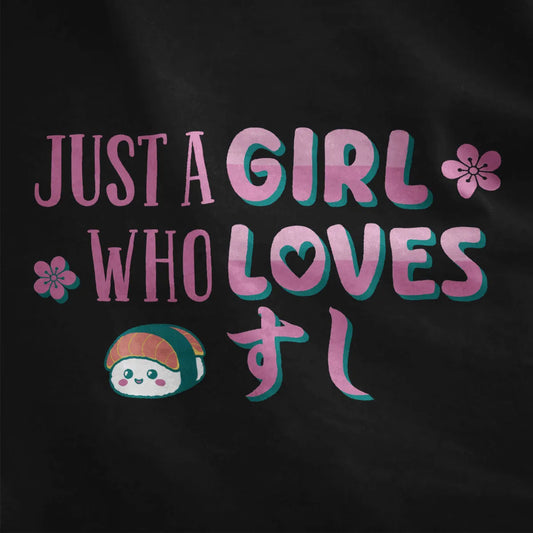 Black closeup of lively sushi graphic tee with bold pink and teal fonts, cute sushi, sushi t-shirt, japanese text shirt.