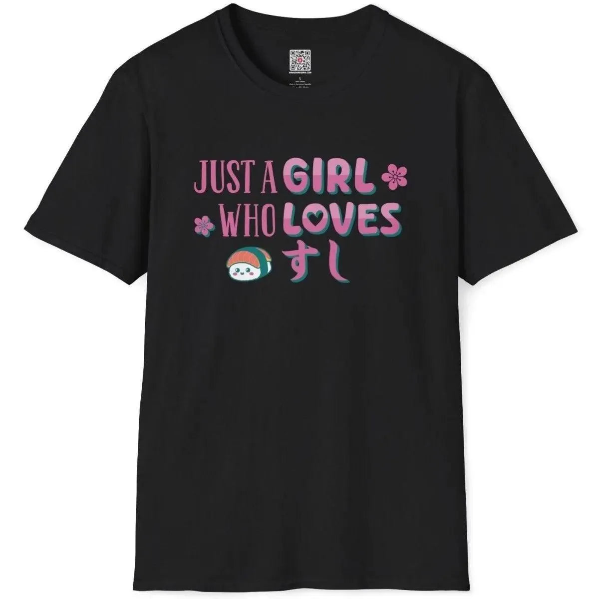 Black shirt with bold pink and teal sushi text, smiling sushi character, and flowers, sushi shirt, japanese t-shirts.
