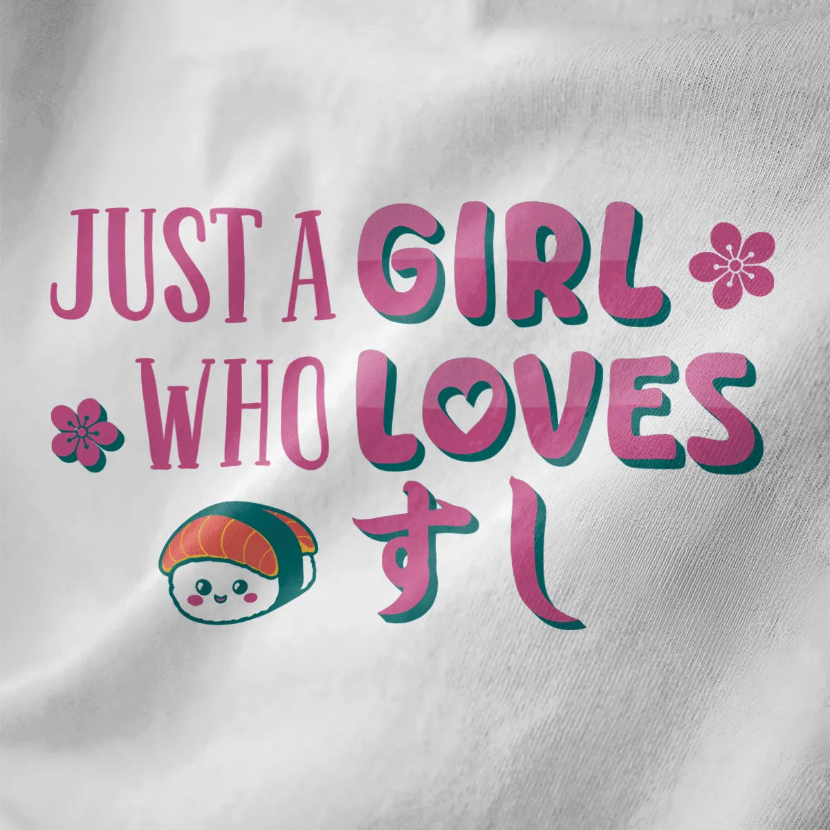 White closeup of sushi t-shirt with playful pink and teal text, smiling sushi character, sushi shirt, japanese t-shirts.