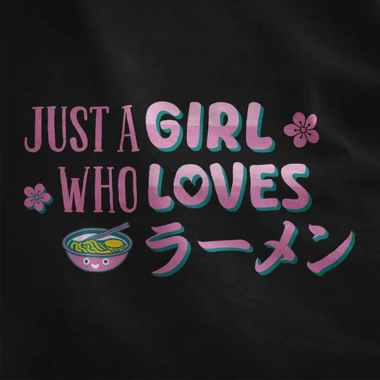 Black closeup of hand-drawn ramen t shirt design with pink and teal text, sakura accents, and smiling ramen bowl.