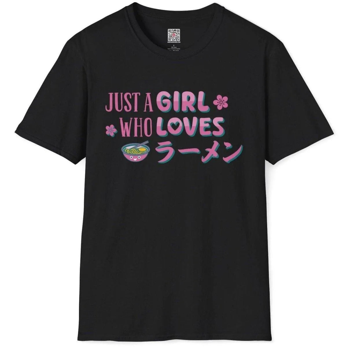 Black flatlay of ramen t-shirt with bold hand-drawn text, teal ramen bowl, and pink sakura flower accents.