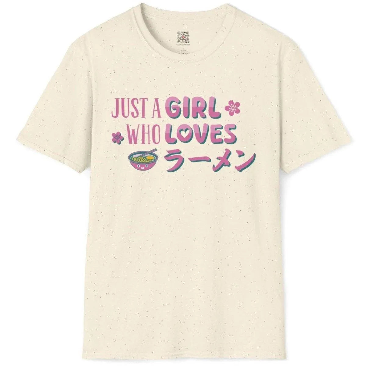 Natural flatlay of ramen t-shirt design featuring hand-drawn text, cherry blossoms, and smiling ramen bowl.