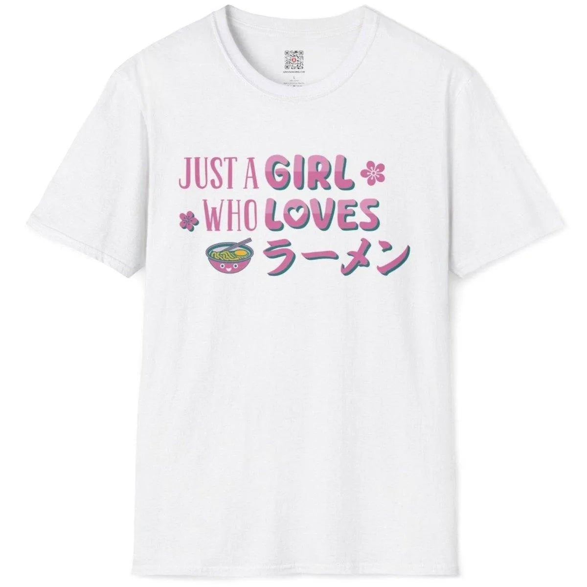 White flatlay of ramen shirt with playful Japanese graphic, pink and teal lettering, and cute ramen bowl.