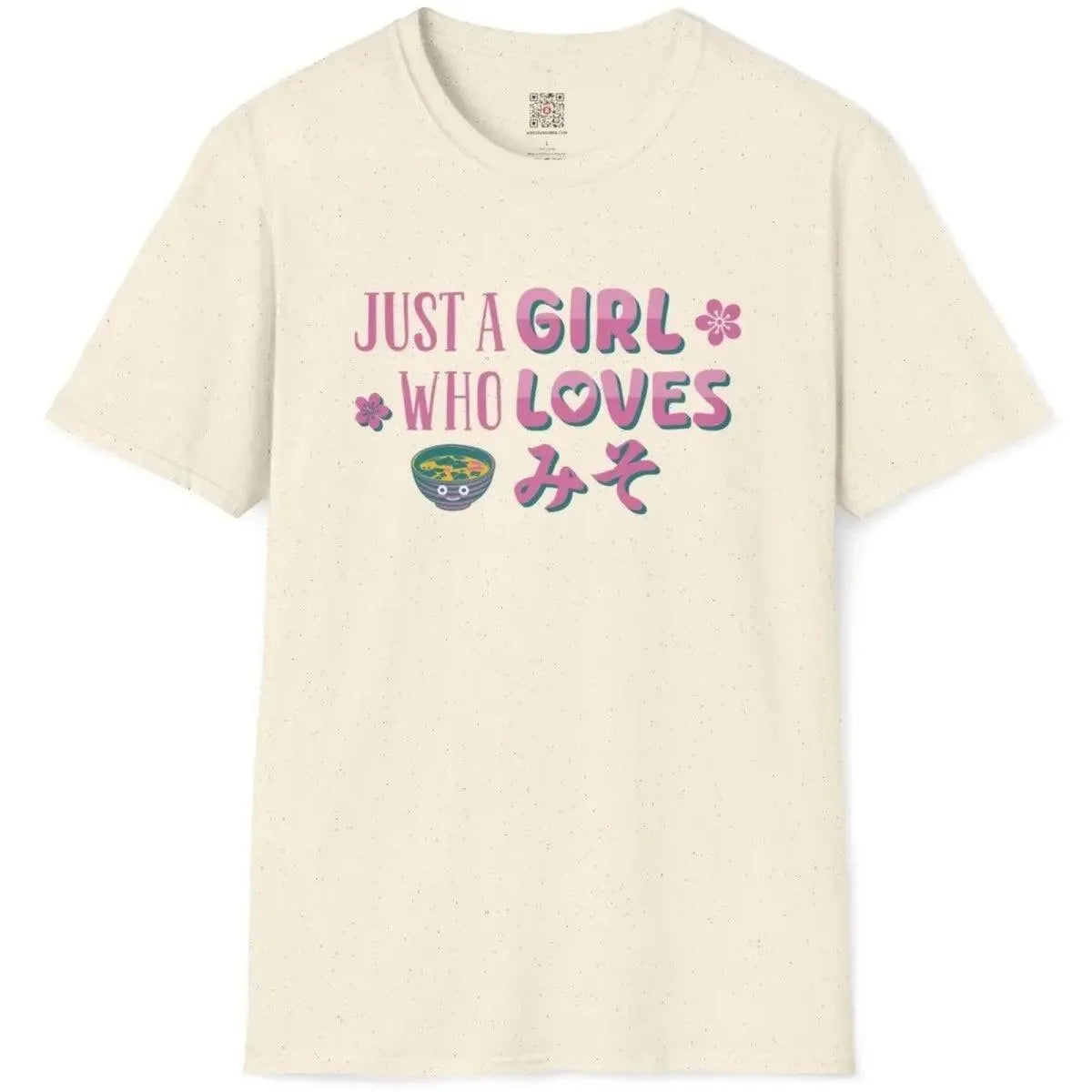 Natural flatlay of miso t-shirt design featuring hand-drawn text, sakura flowers, and kawaii miso soup bowl.
