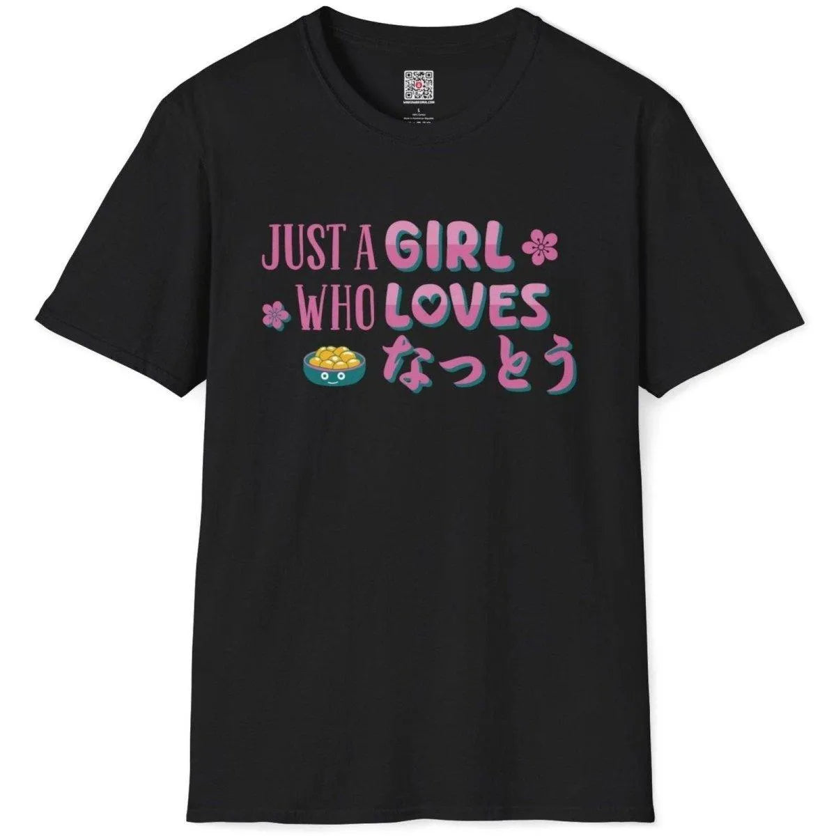 Black flatlay t-shirt with vibrant natto bowl, pink and teal slogan, and sakura flowers, kawaii clothes.