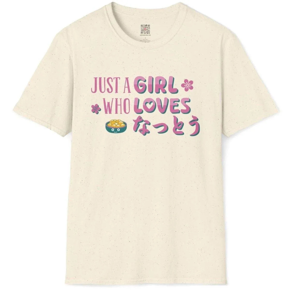 Natural flatlay t-shirt with cheerful natto bowl, pink sakura, and hand-drawn slogan, shirt designs simple.