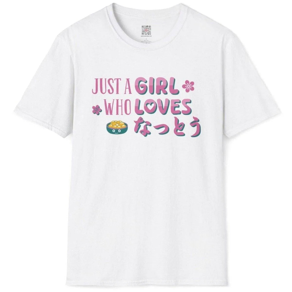 White flatlay t-shirt featuring smiling natto bowl, pink blossoms, and playful slogan, japanese style cartoon.