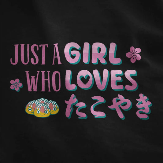 Black fabric close-up of cute takoyaki trio, pink and teal slogan, and cherry blossoms, japanese t shirts.