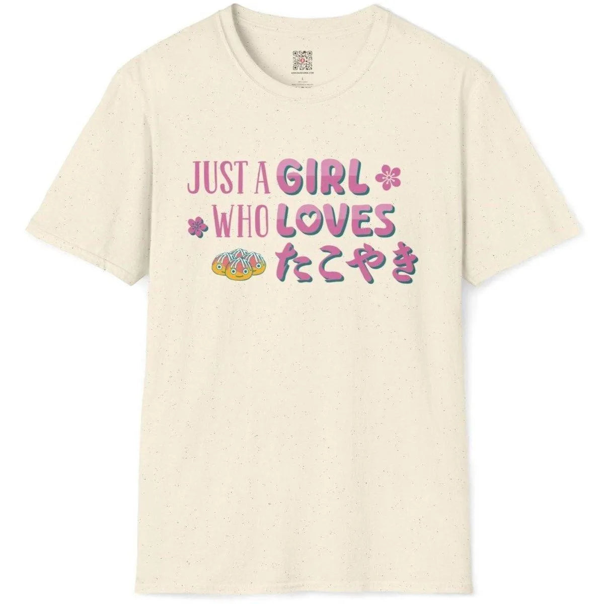 Natural flatlay t-shirt with cheerful takoyaki balls, sakura flowers, and bold slogan, shirt designs simple.