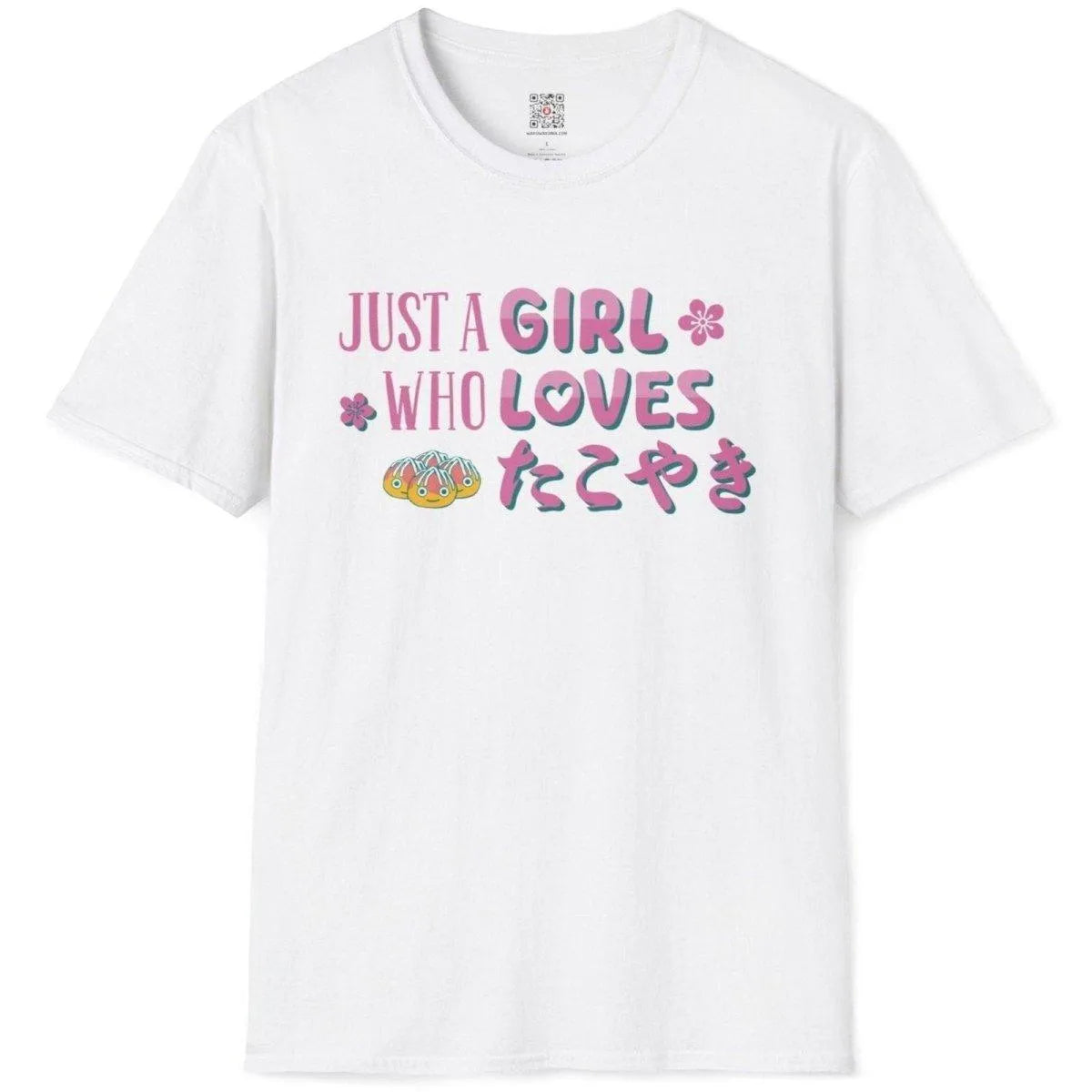White flatlay t-shirt featuring smiling takoyaki balls, cherry blossoms, and playful slogan, japanese style cartoon.