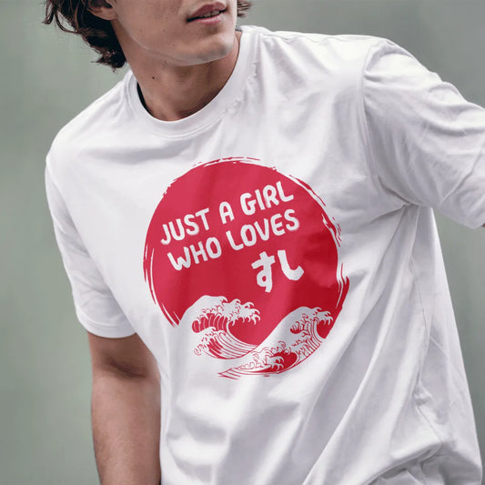 Male model in white sushi t-shirt with red emblem, playful text, and ukiyo-e style waves. Kawaii clothes, foodie style.
