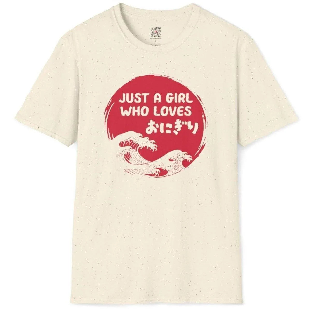 Natural flatlay of onigiri tee with red sun, playful phrase, and wave motif. Japanese meaning symbols.