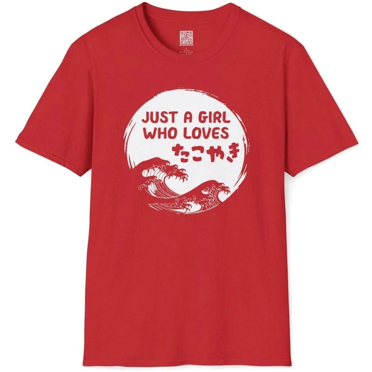 Red t-shirt flatlay with white sun, takoyaki kanji, and stylized waves. japanese meaning symbols, kawaii clothes.