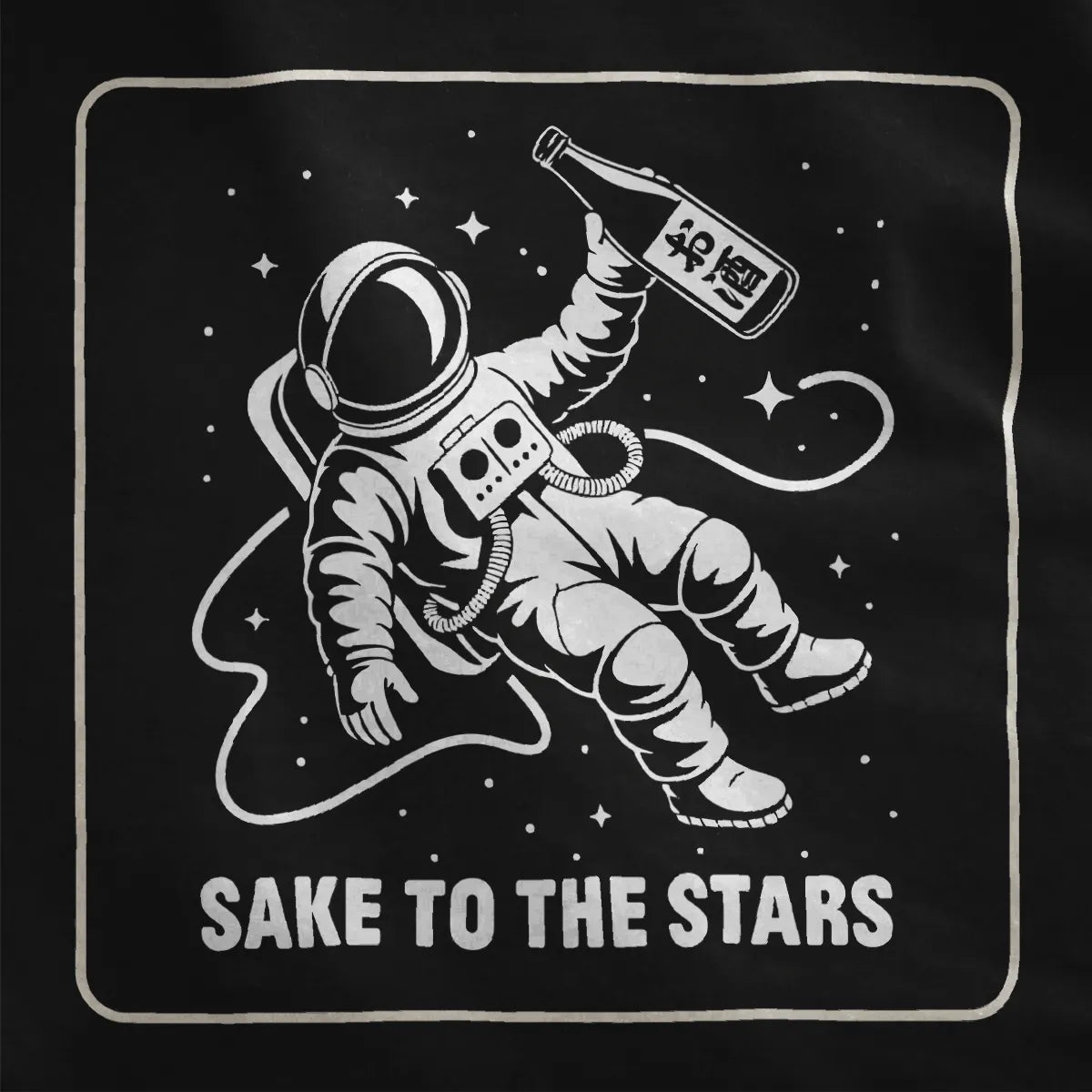 Black fabric close-up of astronaut floating with sake bottle, cosmic design, japanese t-shirts, modern fusion.