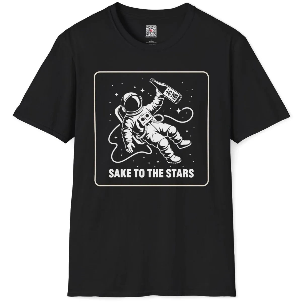 Black t-shirt flatlay with astronaut holding sake in starry space, japanese t-shirts, space shirt, cultural blend.