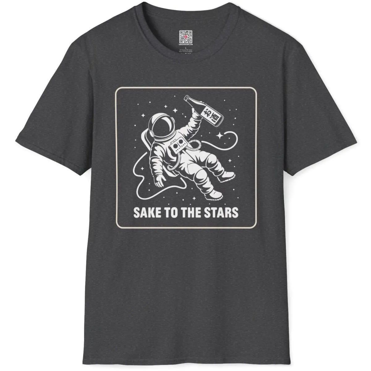 Dark heather t-shirt flatlay, astronaut floating with sake, modern fusion, japanese t-shirts, vaporwave fashion.