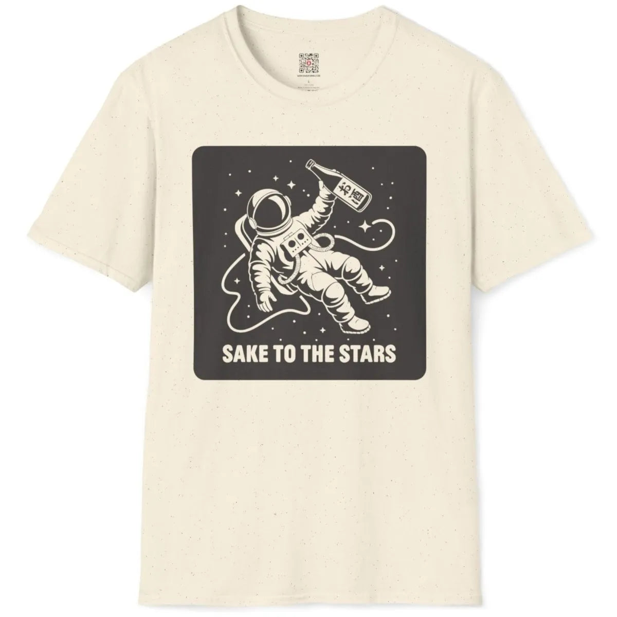 Natural t-shirt flatlay, astronaut in space with sake bottle, japanese t-shirts, quirky shirt, cosmic design.