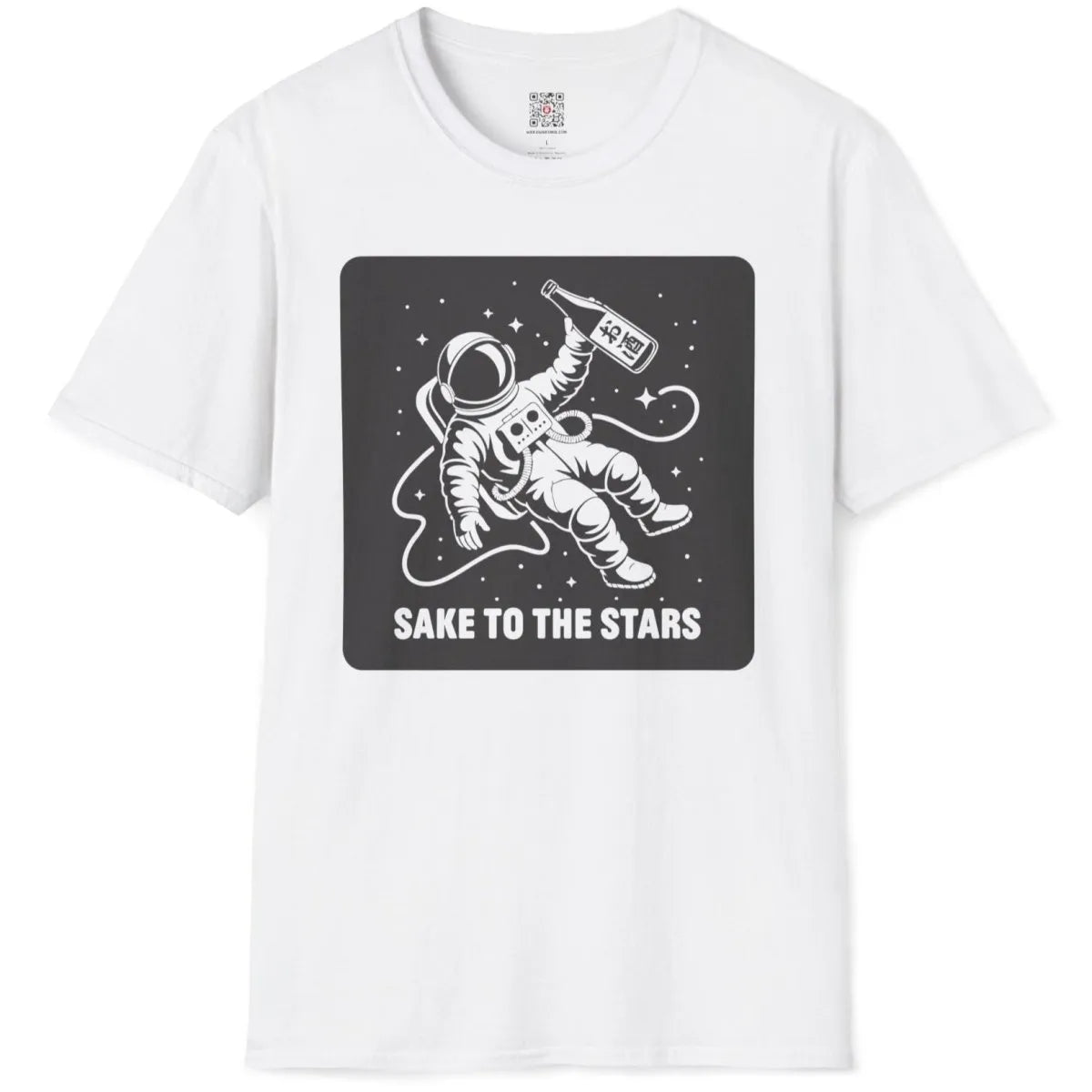 White t-shirt flatlay, astronaut with sake bottle, "SAKE TO THE STARS" text, japanese t-shirts, cosmic design.