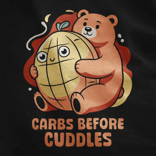 Black fabric close-up, bear hugging smiling melon pan, whimsical illustration, junk food shirt, cozy food.