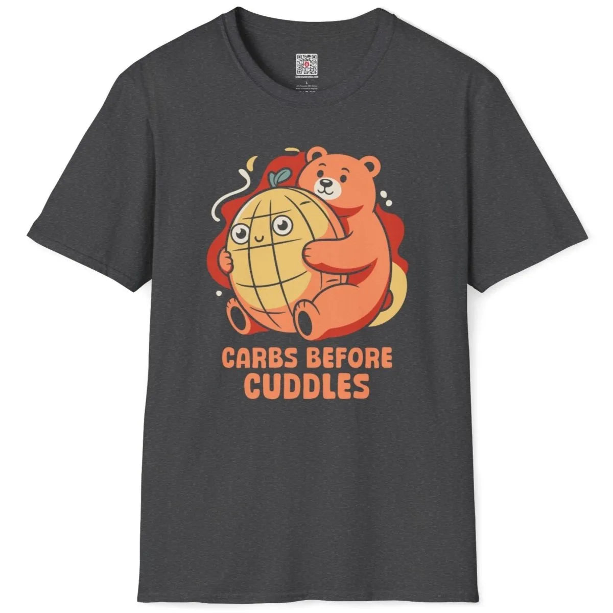 Dark heather t-shirt flatlay, bear and melon pan, cozy food, bear shirt, pastel aesthetics.