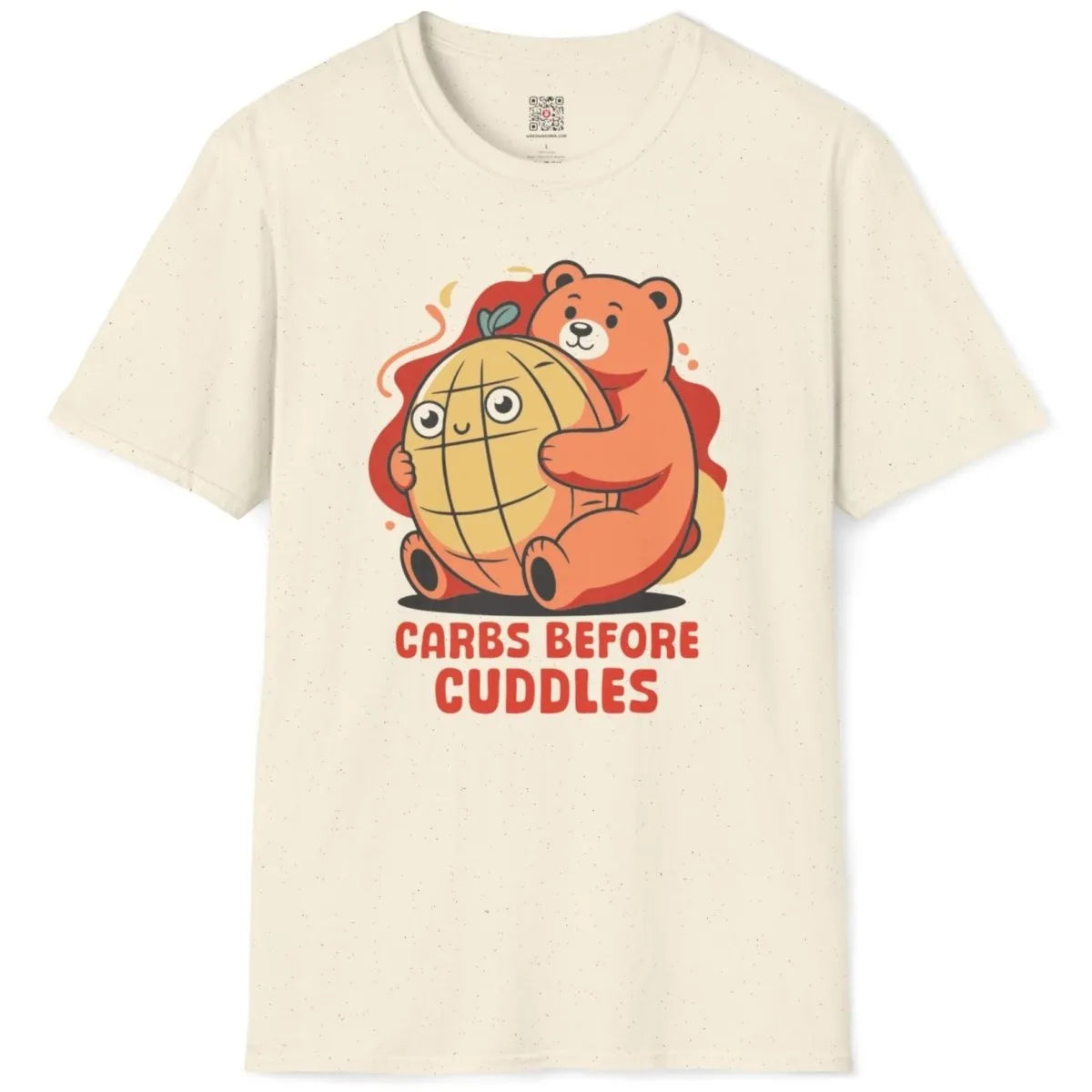 Natural t-shirt flatlay, bear hugging melon pan bread, whimsical illustration, pop art shirt, soft aesthetics.
