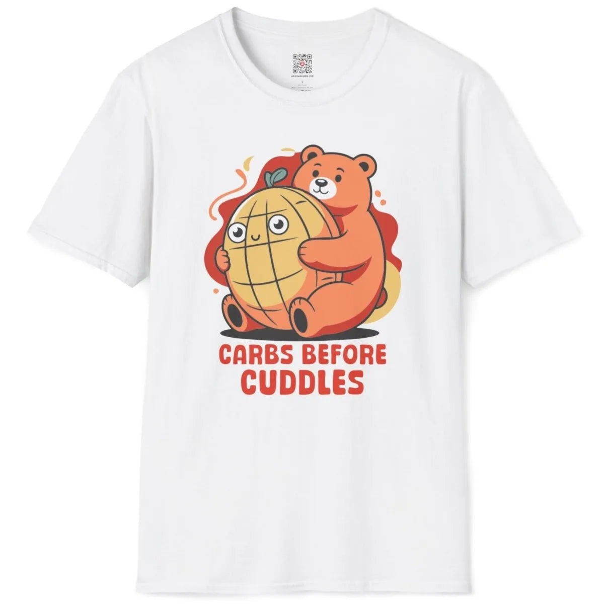 White t-shirt flatlay, bear hugging cute melon pan bread, kawaii clothes, japanese t-shirts, humorous quote.