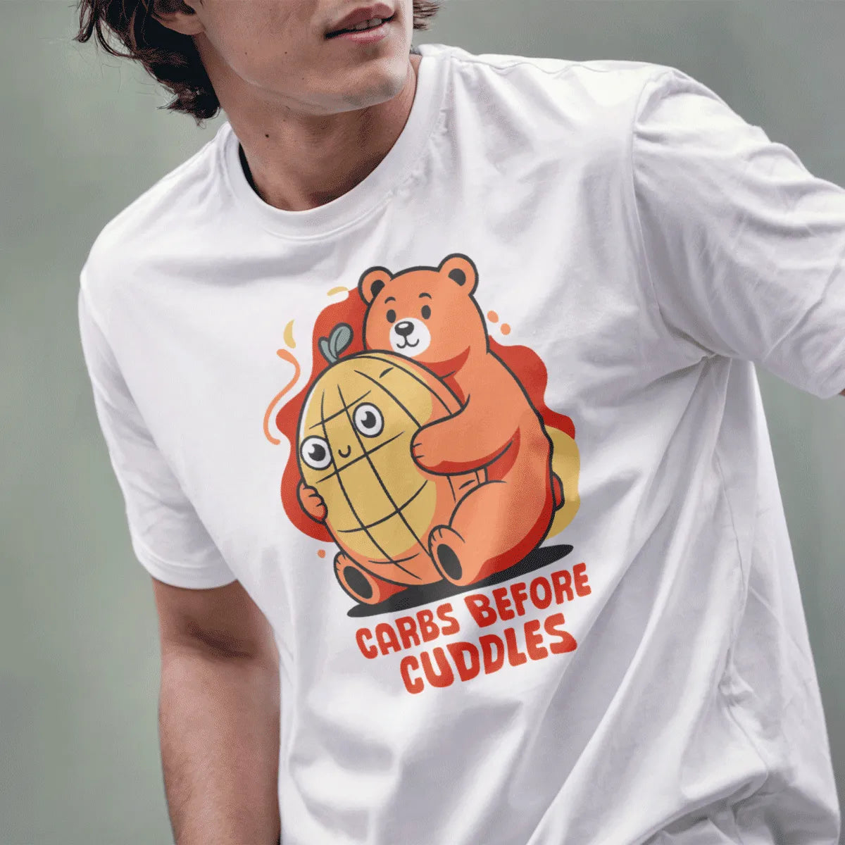 Male model in white t-shirt, bear hugging melon pan, playful design, bear shirt, japanese t-shirts.