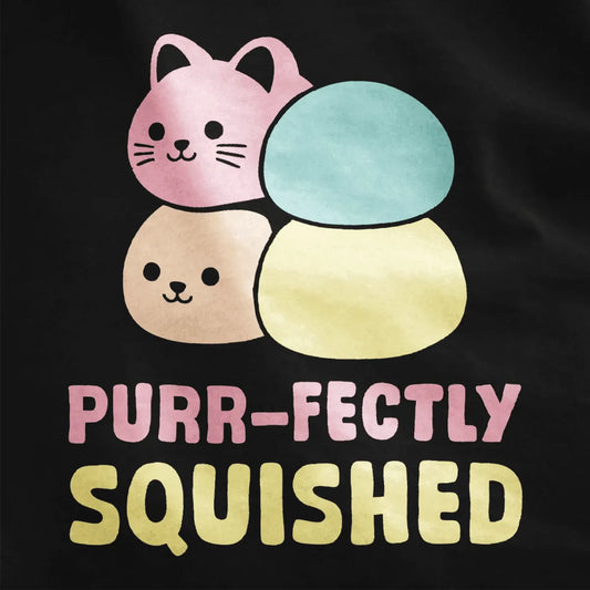 Black fabric close-up, mochi cat characters stacked, soft colors, junk food shirt, kawaii clothes.