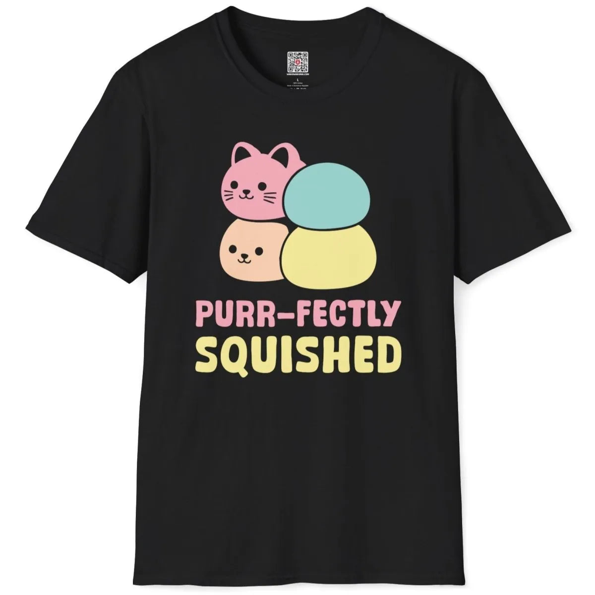 Black t-shirt flatlay, mochi cat stack, pastel colors, japanese t-shirts, pop art shirt.