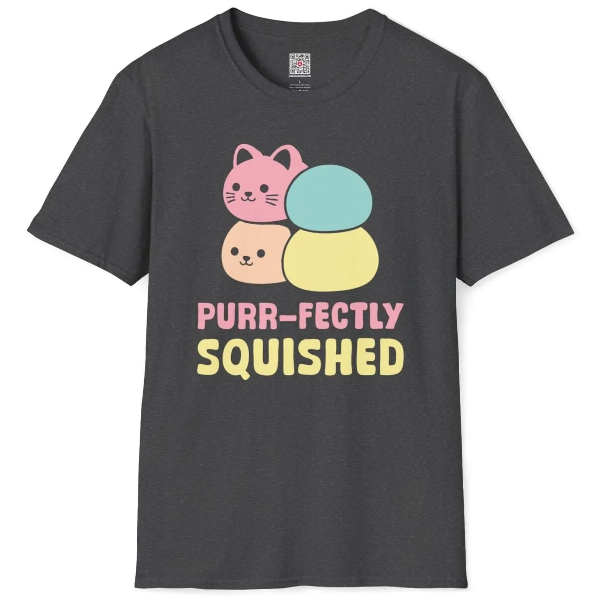 Dark heather t-shirt flatlay, mochi cat characters, soft aesthetics, junk food shirt, kawaii clothes.