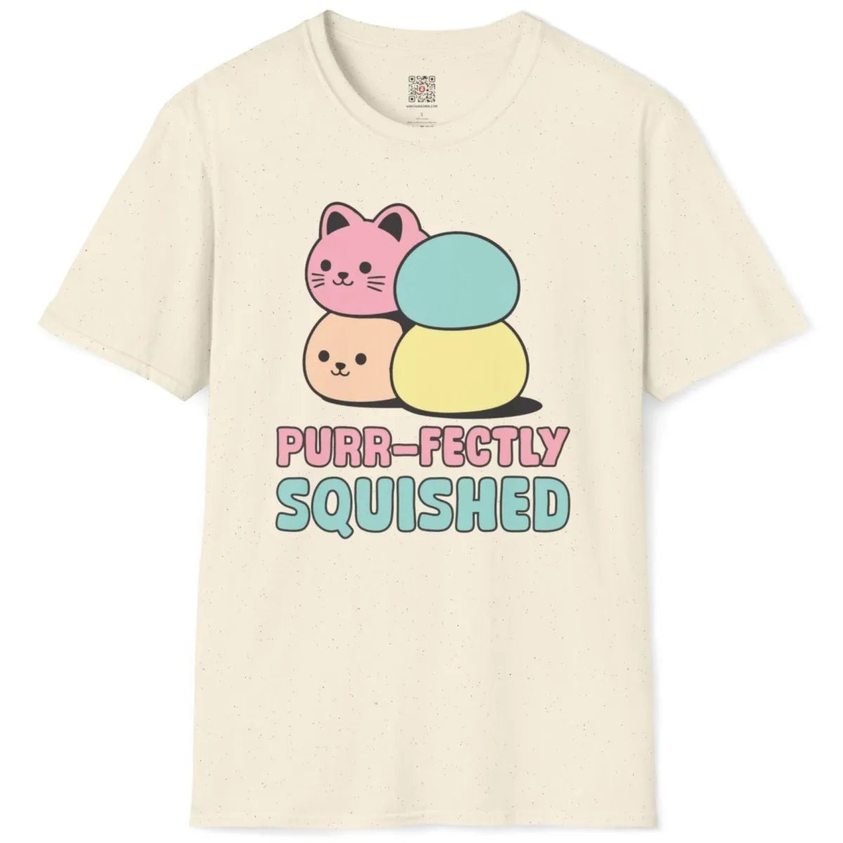 Natural t-shirt flatlay, mochi cats in pastel colors, whimsical illustration, japanese t-shirts, cultural celebration.