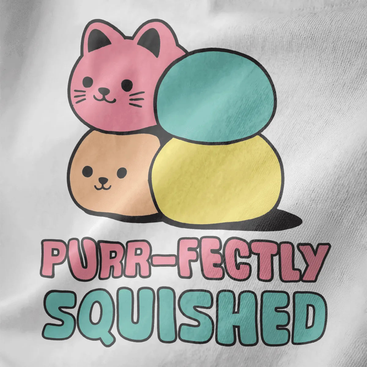 White fabric close-up of pink and beige mochi cats, "PURR-FECTLY SQUISHED" text, funny cat shirt, japanese t-shirts.