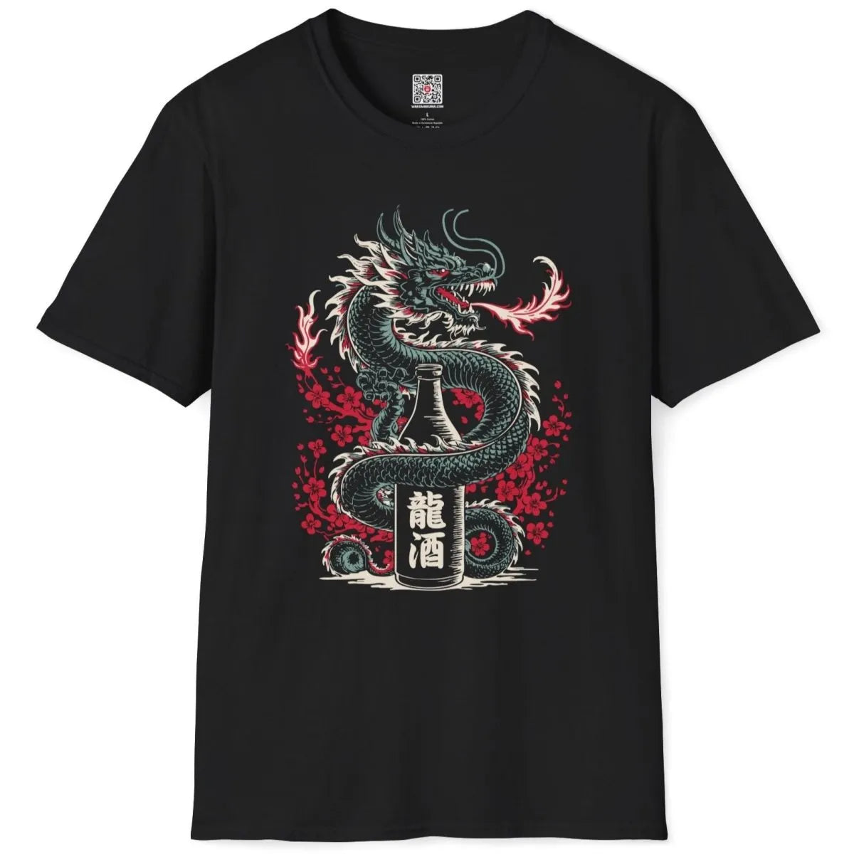 Black t-shirt flatlay featuring bold Japanese dragon, sake bottle, and red cherry blossom background.