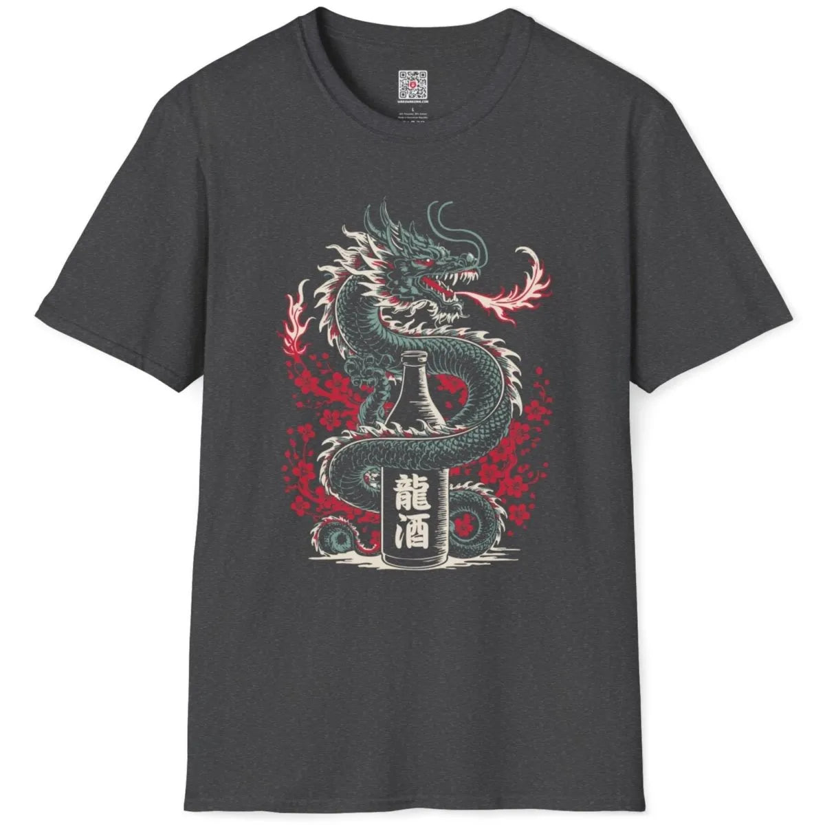 Dark heather t-shirt flatlay showing oriental art dragon, sake bottle, and red sakura flowers.